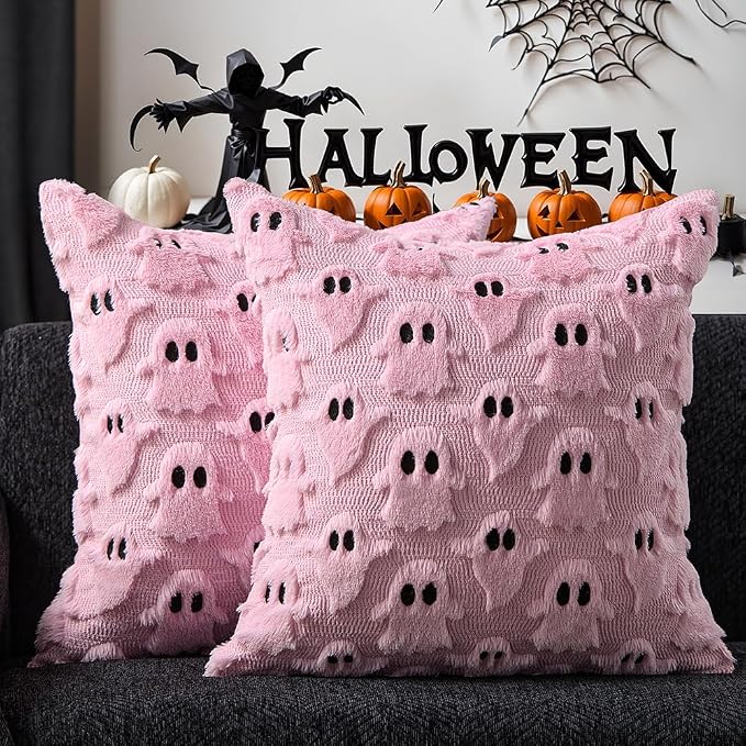 DFXSZ Halloween Pillow Covers 16x16 inch 2Pcs Pink Ghost Halloween Decor | Halloween Decorations Set of 2 Throw Pillow Cases Plush Faux Fur Wool Cushion for Chair Sofa Bedroom Living Room Home Decor