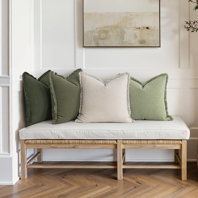 MIULEE Fall Linen Fringe Pillow Covers Set of 4 20x20 Beige/Sage Green | Boho Farmhouse Decorative Throw Pillow Covers, Neutral Soft Rustic Cushion Cases, for Couch Sofa Bed Living Room Home Decor