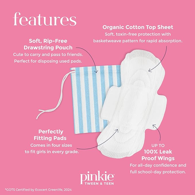 Pinkie Period Starter Pads - Designed for Smaller Underwear - Organic Cotton Topsheet Tween & Teen Pads with Wings - Chlorine Free & Fragrance Free - Teen Regular, 18 Count