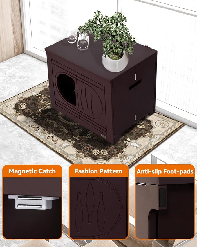 PETSFIT Cat Litter Box Enclosure, Unfold to Use, No Assembly Needed, Cat House & End Table, Fits Most Boxes (Espresso)