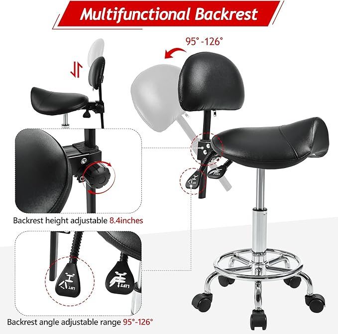 Saddle Stool with Back Support, Rolling Stools with Foot Rest, Ergonomic Backrest Adjustable Height & Angle Salon Stool with Wheels for Salon Spa Tattoo Massage