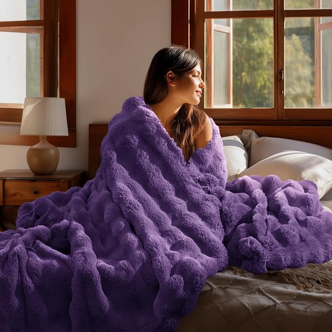 BEDELITE Faux Fur Throw Bubble Blanket for Couch, 50" x 60", Purple | 870GSM Soft Cozy Plush Blanket for Sofa & Bed Living Room Decor, Warm Fuzzy Faux Rabbit Fur for Women Gift, All Season Use