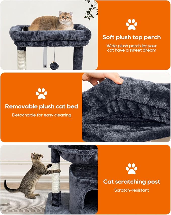SYANDLVY Small Cat Tree for Indoor Cats, Cat Tower with Scratching Post | Modern Cat House with Padded Perch, Kittens Condo with Cradle, Smoky