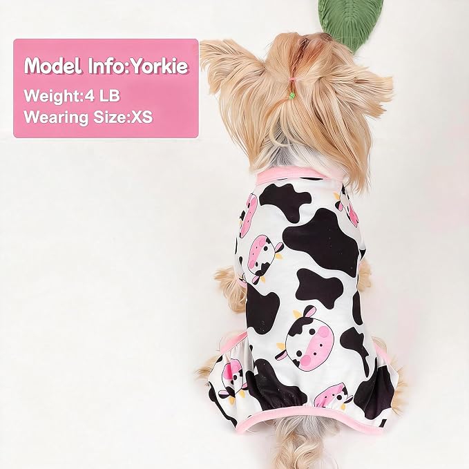 DaFuEn Dog Pajamas for Small Dogs, Soft Stretchy 4 Legs Puppy Jumpsuit, All Season Cozy Pet PJs for Chihuahua Yorkie Teacup Dogs, Cat Clothes (Pink Cow, L)