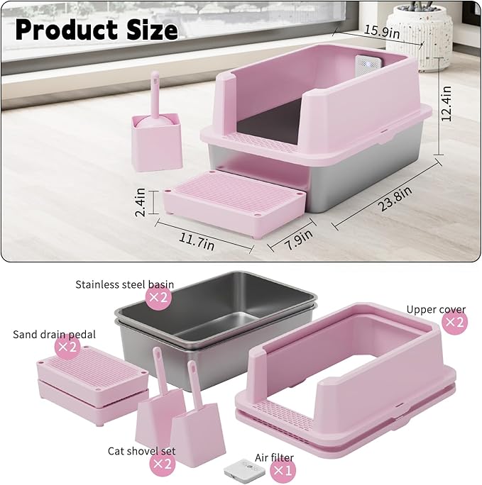 RIZZARI High-Sided Large Cat Litter Box: 2-Pack for Multi-Cat Use | 304 Steel Odor-Resistant Tray / 6.5" High Splash Guard / Dual Anti-Tracking / Built-In Deodorizer / Spacious for Large Breeds