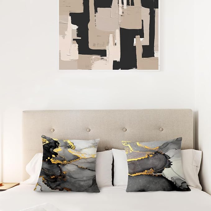 Black Grey and Gold Marble Texture Pillow Covers 20x20 Double-Sided, Abstract Modern Decorative Throw Pillow Covers for Living Room Bedroom, Modern Home Decor, Black and Gold Decor, Set of 2