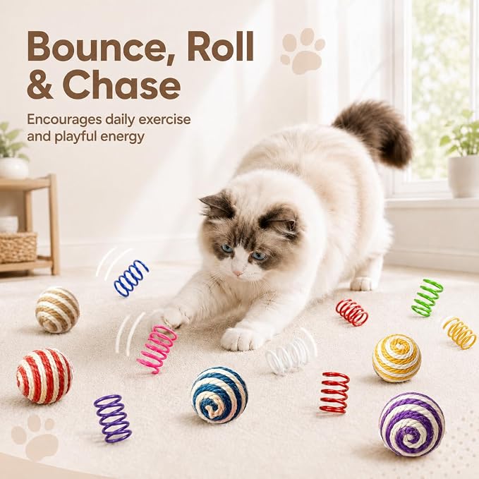Cat Toys for Indoor Cats, 6 Sisal Balls & 24 Colorful Springs