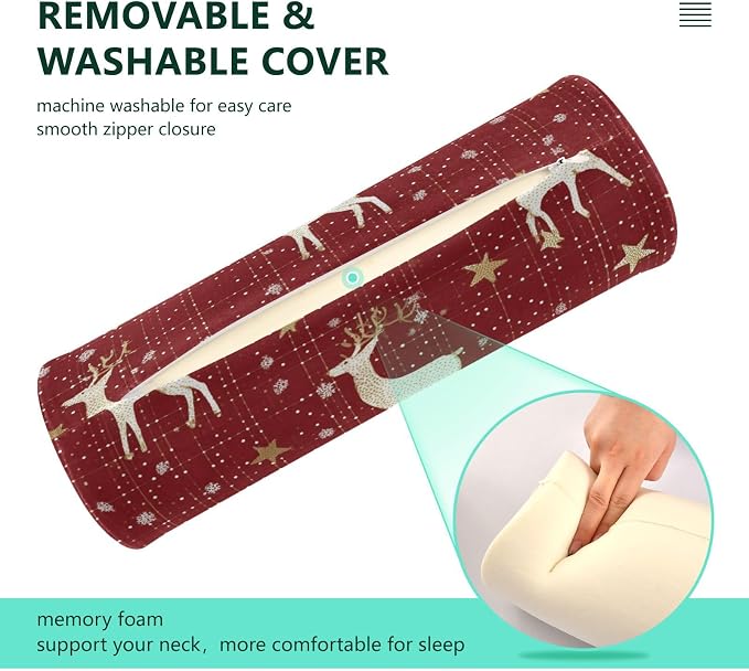 Christmas Red Reindeer Star Dots Neck Roll Pillow Bolster Round Health Memory Foam Long Cervical Cylinder Pillows with Removable Washable Cover for Body Bed Legs Back Yoga