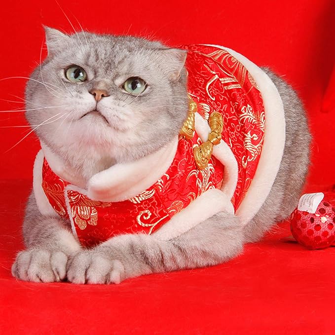 SEIS New Year Cat Knot Buttons Coat Dogs Cheongsam Winter Pet Clothes Vest of The Tang Dynasty Christmas Costume for Cats Teddy Bichon Small Medium Dogs (White, M (Chest Circumference 55cm/ 21.6"))