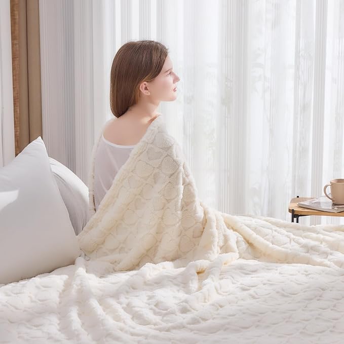 NEWCOSPLAY 3D Heart Checkered Flannel Twin Blanket, Off White, 60"x80" | Super Soft Cute Lightweight Decorative Premium Silky Fleece Blanket for Couch Sofa Bed, Gift for Women Men, All Season Use