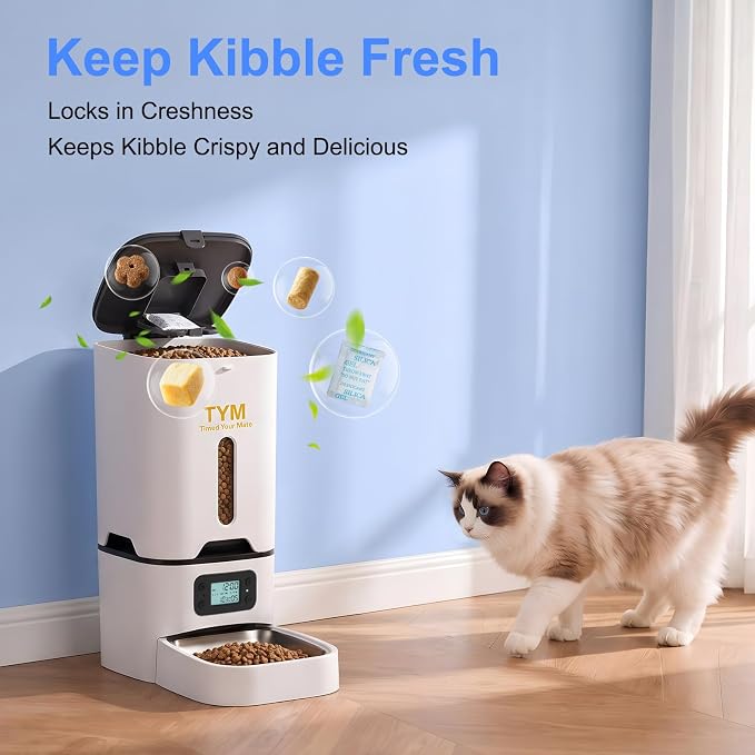TYM Automatic Cat Feeder, 7L Large-Capacity Cat Food Dispenser with Timer | Easy Controls | 9 Meals/Day | 1-15 Portions/Meal | No App | Ideal for Cats & Small Dogs | Fresh Food | Stainless Steel Bowl