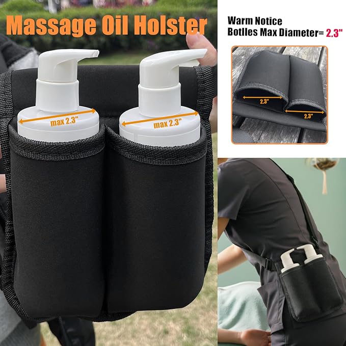 Massage Oil Holster,Portable Therapist Bag with Adjustable Waist Strap,Black Lotion Holder Organizer for Spa Treatments Professionals,Machine Washable (Black, Large, 2)