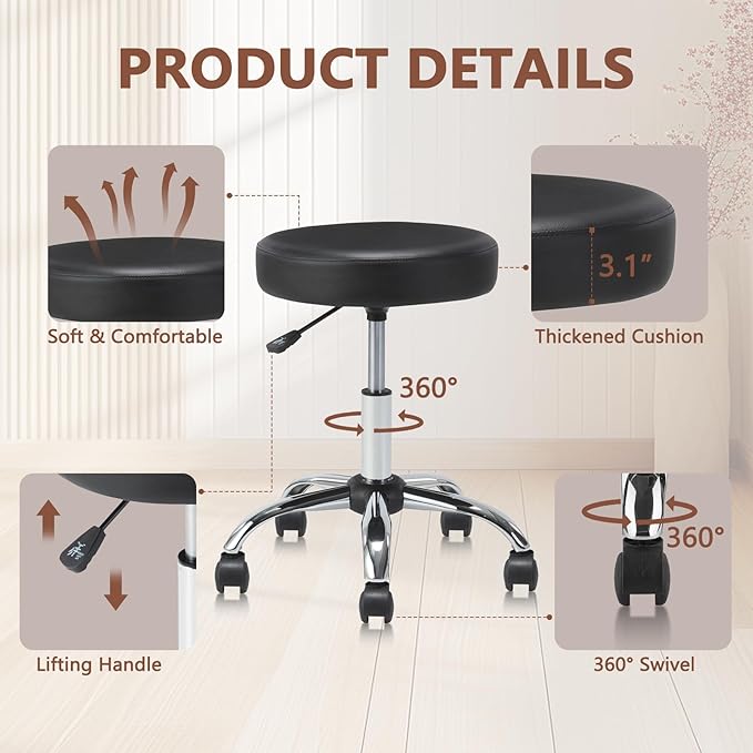 Set of 2 Round Rolling Stool Swivel with Wheels Adjustable Height Heavy Duty Wide Seat Drafting Stool Chair for Office Salon Massage Spa Medical Tattoo Beauty 2 Pack