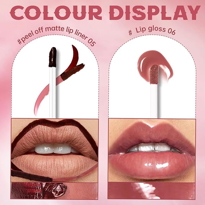 Peel Off Lip Liner Stain Tattoo, Long Lasting Waterproof Lip Stain Peel off, Tattoo Pink Plum Lip Liner and Lip Gloss Combo, Non-Stick Cup Nourishing Lip Gloss Set Lipstick Makeup