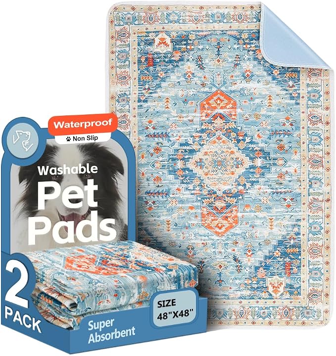 Washable Pee Pads for Dogs, 2 Pack Reusable Puppy Training Pads 48"x48" Super Absorbent Waterproof Dog Training Pads, Non-Slip Potty Pads, Whelping Pads Litter Mat Blue/Mix