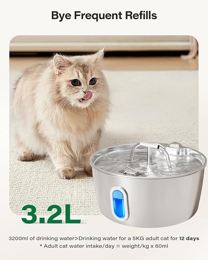 Stainless Steel Cat Water Fountain - 3.2L/108oz Cat Fountain for Drinking | Quiet Pet Water Fountain for Cats Indoor - Automatic Pet Water Bowl Dispenser - for Kitty & Small Dog (4 Filters)