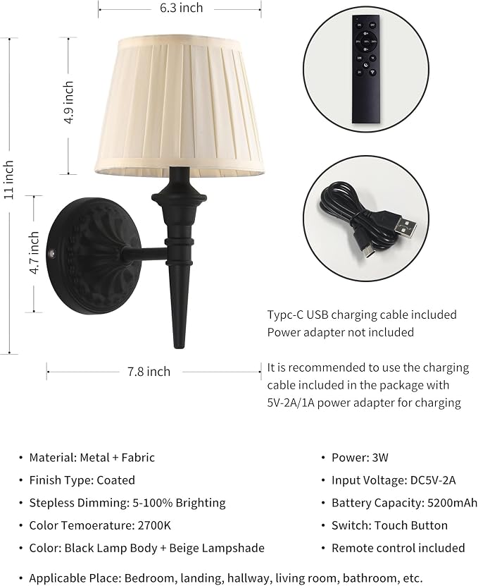 KDG Cordless Black Wall Sconces Set of 2, Beige Fabric Lampshde Wall Lamps | Small LED Wireless Portable Rechargeable Battery Lighting for Wall Painting, Living Room, Bedroom, Hallway, Gifts, Nightlight