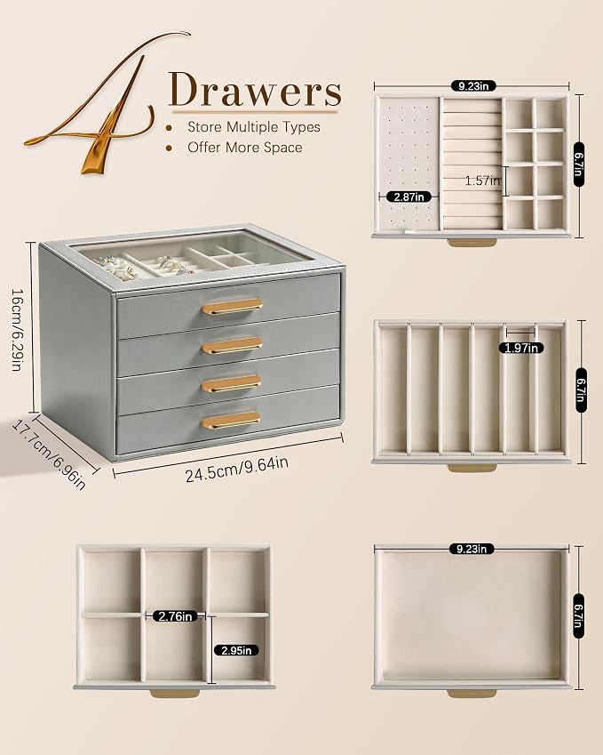 Homeanda Jewelry Boxes Organizer with Glass Lid, 4-Layer PU Leather, Grey | Modern style display case with 4 drawers for daily jewelry, women, mom or girl gift