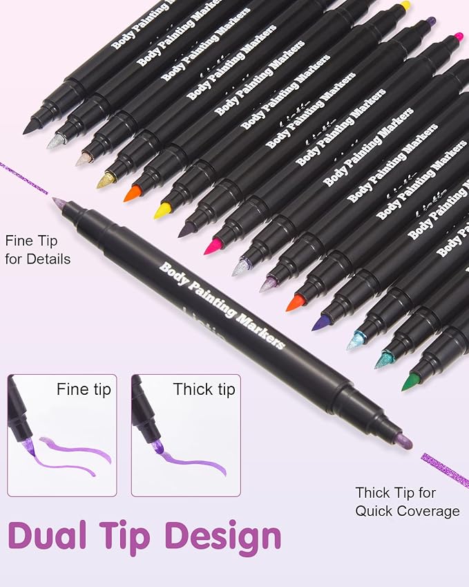 Lictin Temporary Tattoo Markers for Skin, 16 Colors Dual-End Skin Tattoo Pens with 80 Tattoo Stencils, Matte & Metallic Body Markers for Kids Teens and Adults, Flexible Brush Tip, Cosmetic-Grade