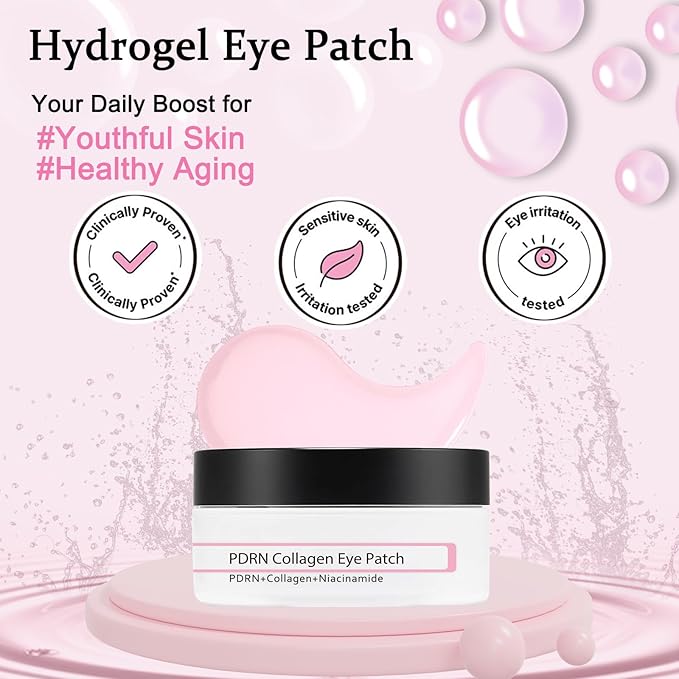 60 Pcs PDRN Collagen Eye Patches, Cooling Under Eye Patches for Puffy Eyes, Dark Circles, Fine Lines & Anti Wrinkle, with Niacinamide Hydra-Gel Collagen, Mothers Day Gifts