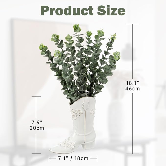 Artificial Eucalyptus Plant in Ceramic Cowboy Boot Vase Faux Greenery Potted Plant for Rustic Farmhouse Decor Western Style Boot Planter with Eucalyptus Stems for Table Centerpiece-18 Inch Tall
