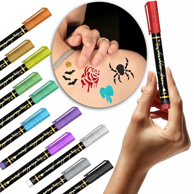 Temporary Tattoo Markers for Skin, 12 Metallic Body Markers for Temporary Tattoo Stencils for Kids Adults, Flexible Brush Tip, Bright Colors, Cosmetic Tattoos Pens for Kids Adults, DIY Body Art Set