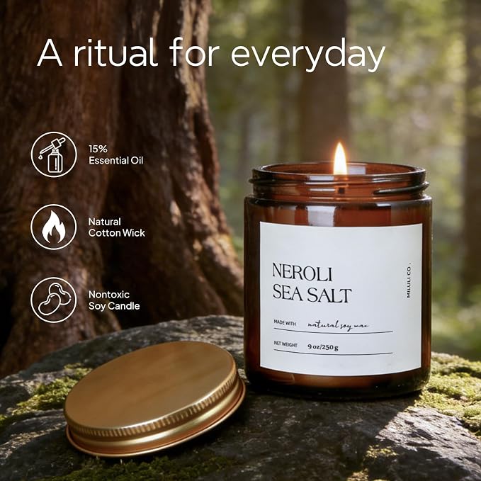 Sea Salt & Neroli Scented Soy Candle for Home, Natural Aromatherapy Candles with Essential Oils, Nontoxic Clean Burn, Strong Balanced Scent, 50 Hour Longlasting,Amber Jar for Women Men(9oz)
