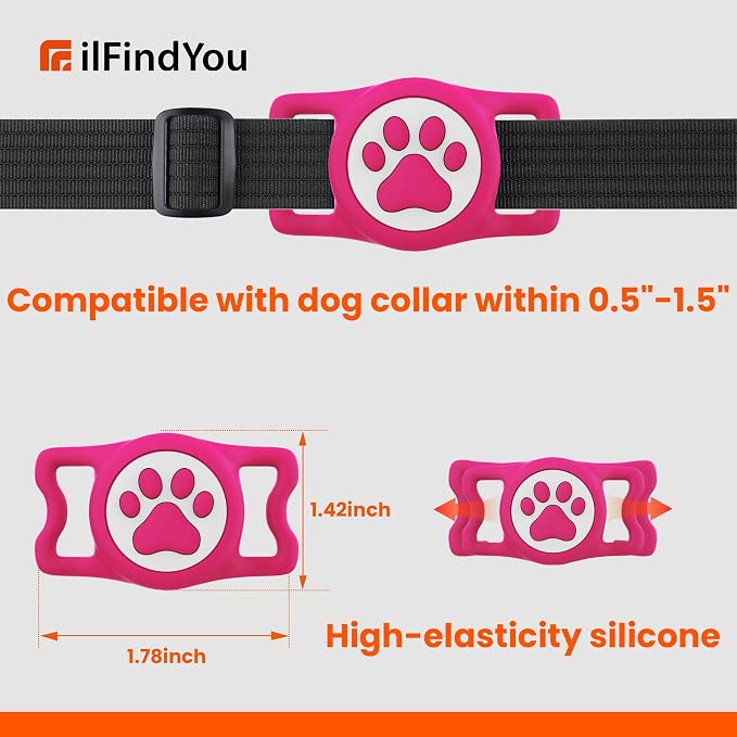 Waterproof Airtag Dog Collar Holder for Apple Air Tag, Silicone Dog Airtag Holder for Dogs & Cat Collars(Rose Red)
