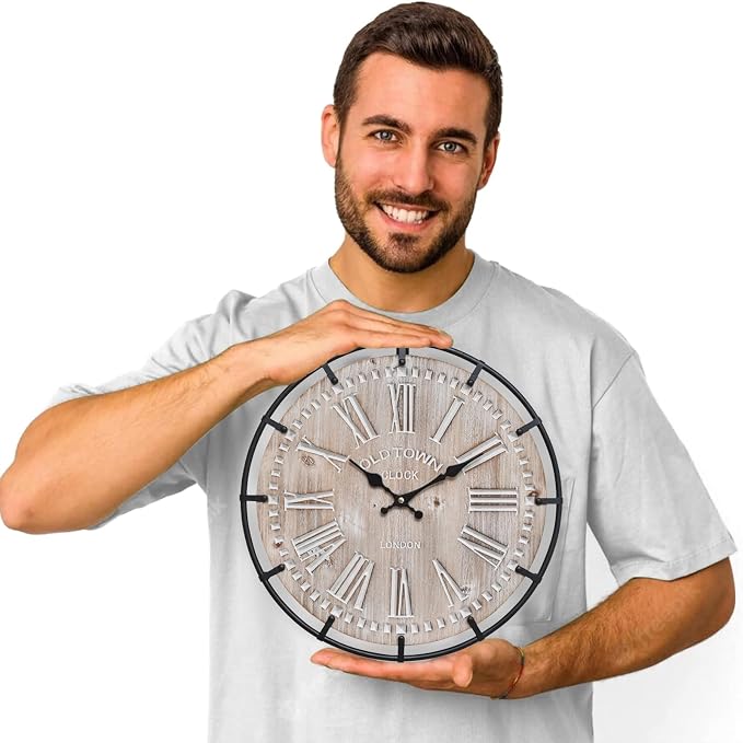 EMAX HOME 12 Inch Farmhouse Wall Clock Rustic Antique Wood with Metal Circle and Large Engraved Numerals, Silent Battery Operated Wall Clock for Office Kitchen Bedroom Living Room