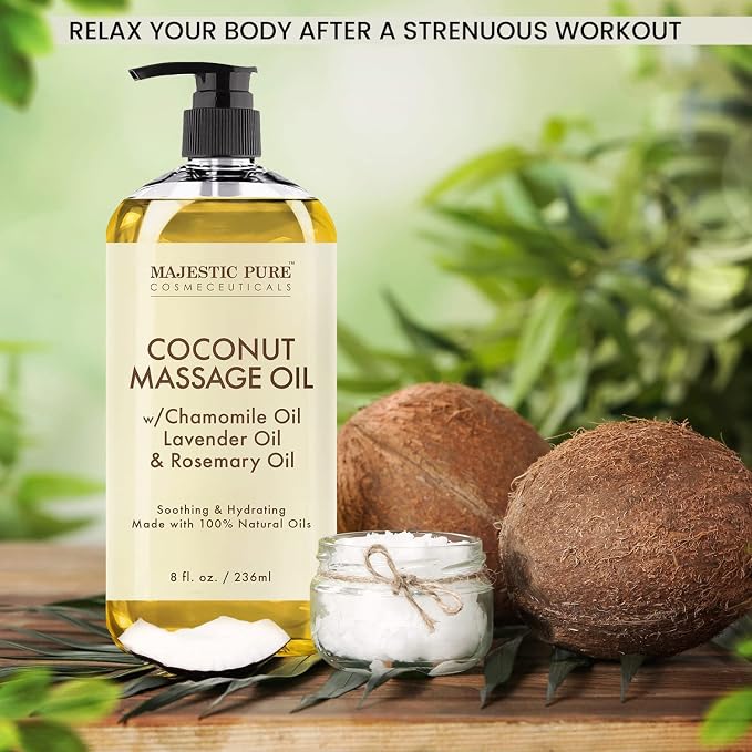 MAJESTIC PURE Coconut Massage Oil (8 oz) and Eucalyptus Mint Massage Oil (8 oz) Bundle