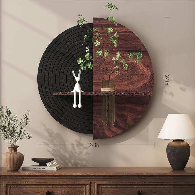 3D Textured Abstract Modern Black and Brown Round Wall Art Decor, 24x24 In | With shelf, Minimalist, Geometric circle, Artwork for walls, Sandstone textured, Living room, Dining room Hallway wall decor