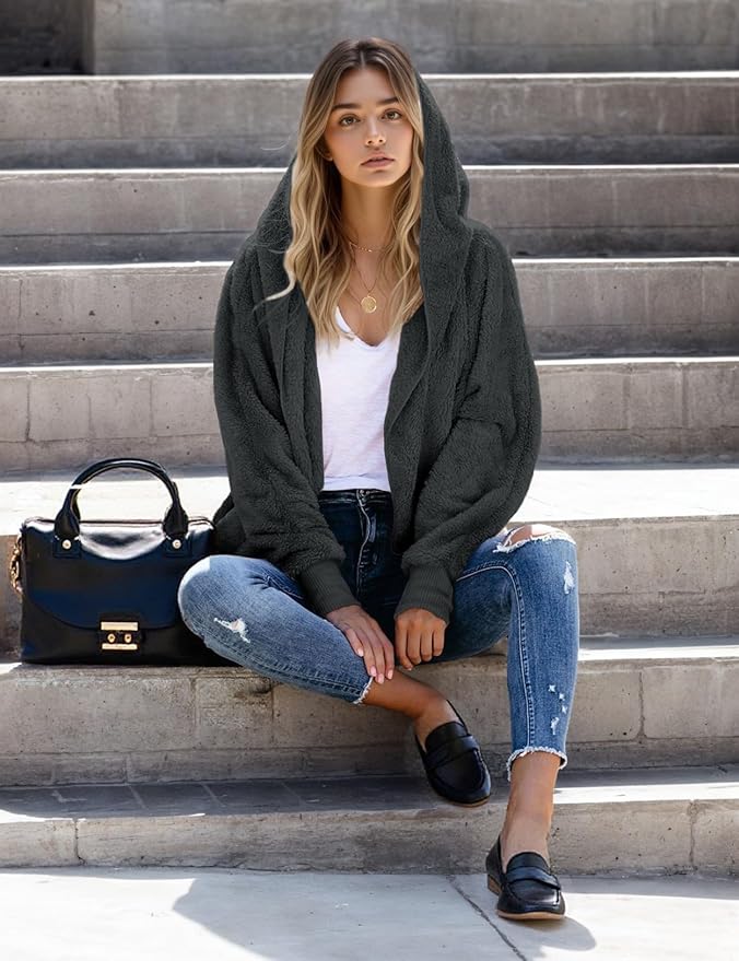 Zilcremo Women Hooded Cardigan Fuzzy Jacket Winter Open Front Fleece Coat Outwear with Pockets