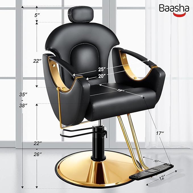 Baasha Gold Styling Ergonomic Reclining Hair Salon Chair, Orange, 360 Degree Swivel, Heavy Duty, Removable Headrest