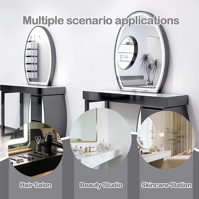Salon Station for Hair Stylist with Curved Cabinet & Glowing Accents, Barber Station includes Oval LED Mirror, Large Capacity Storage