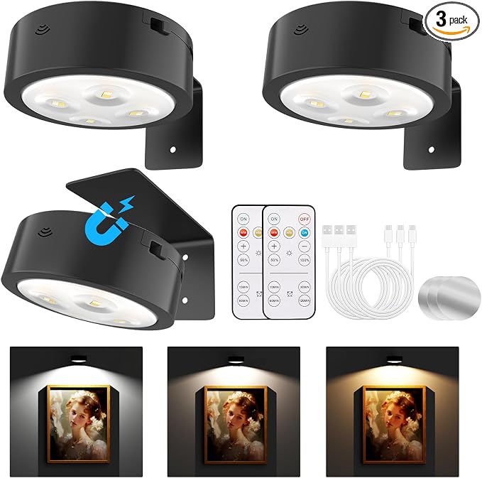 Tututry 3 Pack Wireless Picture Light, Rechargeable 2000mAh Battery Operated with Remote & Timer, Dimmable 3 Color Temps Magnetic Frame Light for Painting, Poster, Gallery Wall Decor
