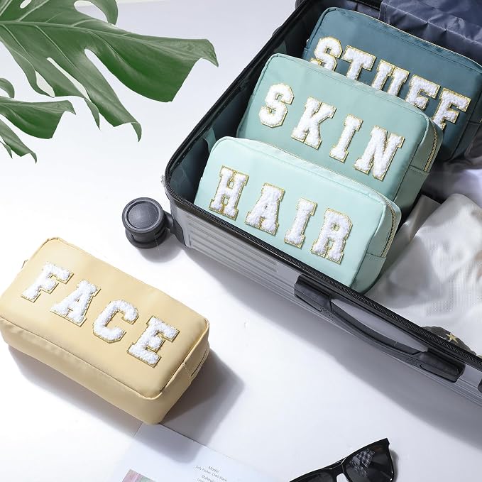 Preppy Makeup Bags Chenille Letter Stuff Bag Nylon Cosmetic Pouch Cases with Zipper for Women Travel Toiletry(Mint Color,Classic,4 Pcs)