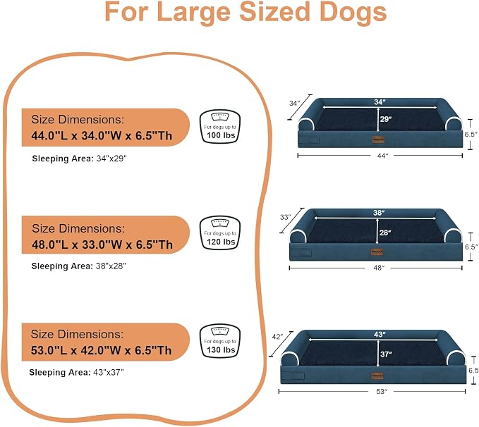 Orthopedic Dog Bed for Jumbo Dogs, 48 x 33 Inch, Navy Blue | Egg crate foam for joint support, 3-sided bolster pet sofa, waterproof lining, washable cover, and non-skid base