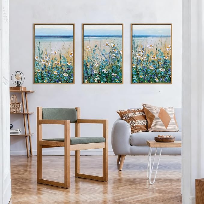 Blue Seaside Cyan Floral Wall Decor Wildflower Canvas Painting Framed Floral Prints Decor for Living Room Bedroom 16x24 Inch Set of 3