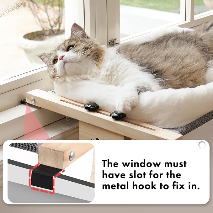 AMOSIJOY Wooden Cat Windowsill Perch with Zipper Cushion Bed, 22in | Sturdy Wood & Metal Frame Hold up to 40lbs, Machine Washable, Easy to Adjust, Hook-on Mounting Cat Hammock Seat for Large Cat