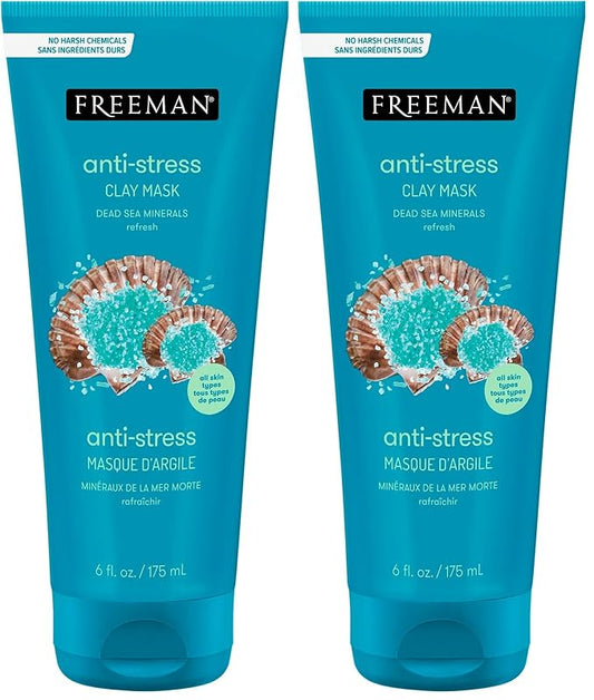 FREEMAN Dead Sea Minerals Anti-Stress Clay Facial Mask, Hydrating & Clarifying, Clears Pores, Face Mask With Lavender & Bergamot For Radiant Skin, Skin Types, 6 fl. oz./175 mL Tube (Pack of 2)