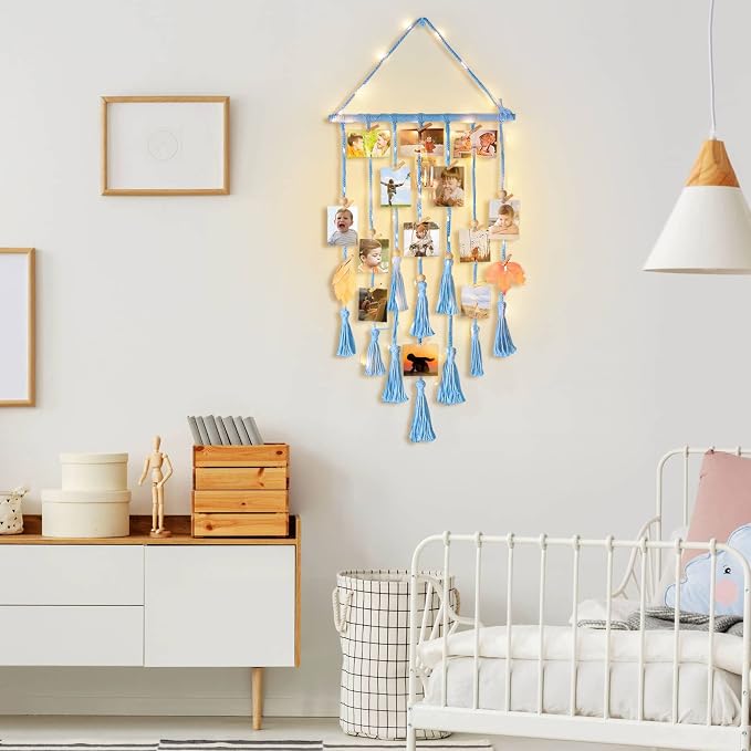 Hanging Photo Display Wall Decor, Blue Macrame Hanging Boho Room Bedroom Decor, Picture Frame Collage with Light & 30 Clips, Christmas Teenage Teen Girl Gifts Ages 10 11 12 13 14 Years Old