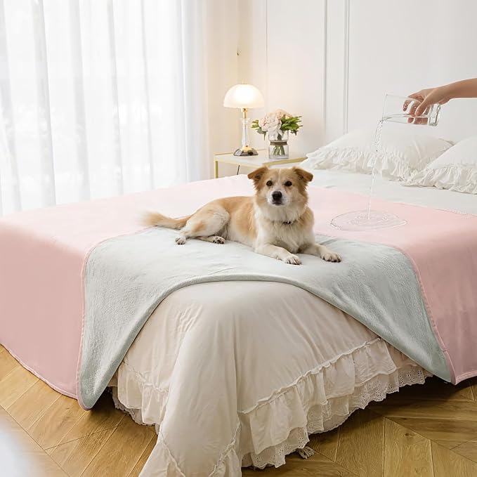 Waterproof Blanket - Reversible Dog Throw as Furniture Protector | Soft Velvet & Flannel, TPU Leak-Proof Liner, Machine Washable, Fits Couch and Bed, 82" x 108", Pink/Cream
