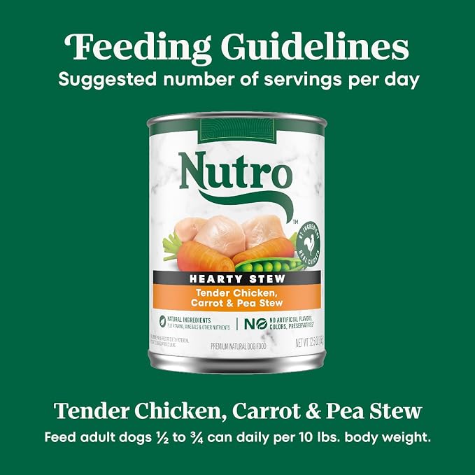 Nutro Hearty Stew Wet Dog Food, Tender Chicken, 12.5 oz, 12 Pack | Grain-free, non-GMO, real chicken #1 ingredient, with carrot & pea, natural ingredients, no corn, wheat, soy, made in USA