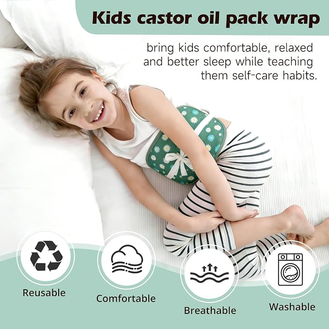 wegreeco Kids Castor Oil Pack Wrap, Reusable Kids Castor Oil Packs for Liver Stomach, Machine Washable Anti Oil Leak 1Pc with Adjustable Strap Daisy (Oil Not Included)