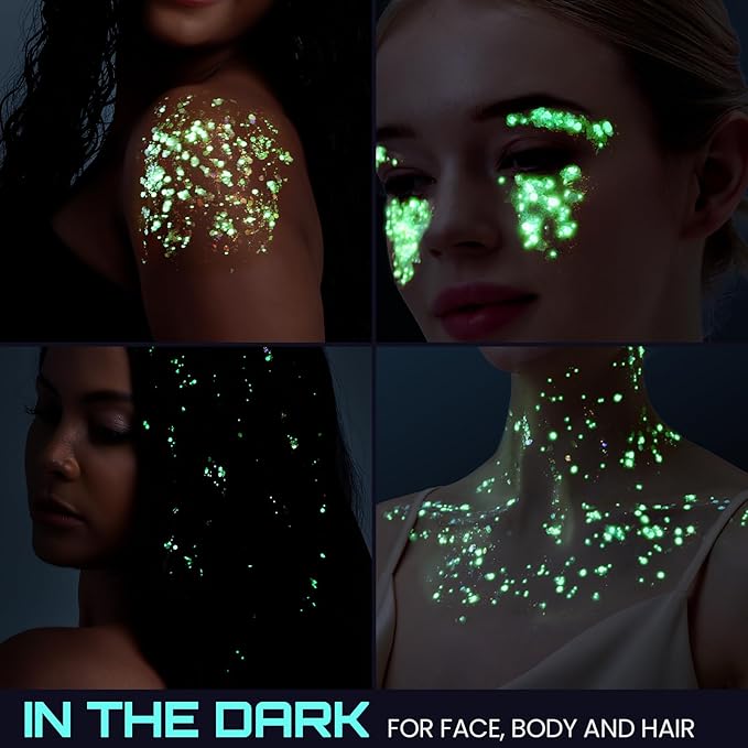 Teenitor Glow in The Dark Glitter, Clear White Body Glitter Gel, Sparkly Neon Face Glitter Hair Glitter, Glow in The Dark Face Paint for Halloween Makeup Glow Party Concerts Raves