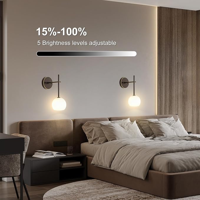 Brown Gold Battery Operated Wall Sconces Set of 2, Rechargeable Wireless Wall Lights with Milky White Frosted Glass, 12 RGB and 3CCT Dimmable, Wall Lamps with Remote for Bedroom Living Room Hallway