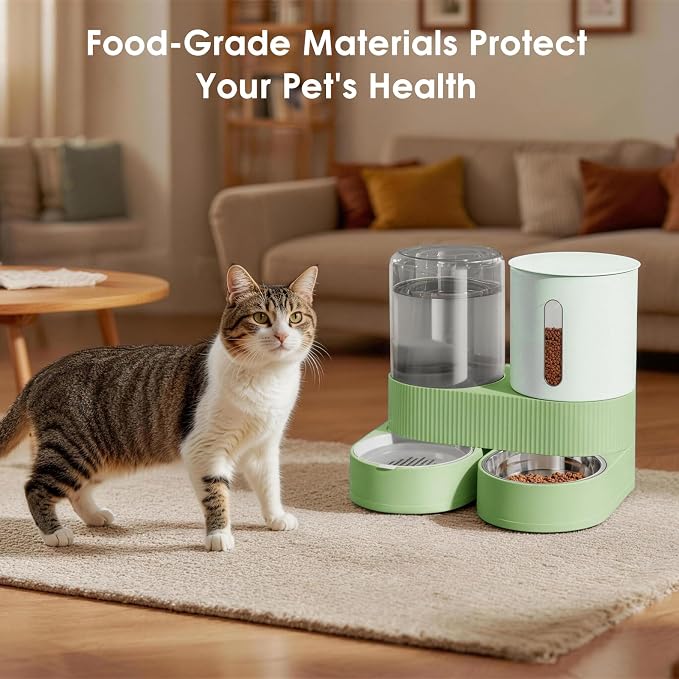 2 in 1 Automatic Gravity Cat Dog Feeder and Water Dispenser with 304 Stainless Steel Bowls, 360 Degree Rotatable Auto Food with 2 Specialized Brushes for Small Medium Pet Dog Puppy Kitten (Green)