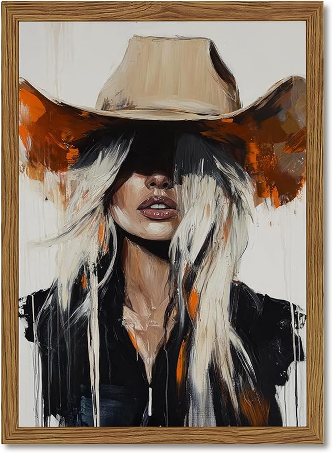 Western Cowgirl Wall Art Modern Cowboy Wall Decor Painting, Southwestern Country Canvas Prints Aesthetics for Living Room Bedroom Home Decoration 12x16 inch Wood Framed