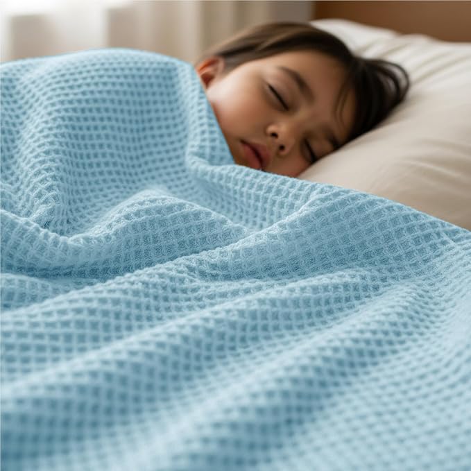 Utopia Bedding Cotton Blend Sky Blue Waffle Blanket Queen - 90x90 Inches | Lightweight, Skin Friendly, Breathable, All Season, Luxury, Bed, Couch, Sofa