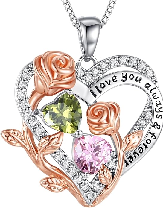 I Love You Birthstone Necklace, 925 Sterling Silver Heart Pendant with CZ Diamond Stones, Birthday Gifts for Women, Romantic Gift for Wife, Girlfriend, Her, Anniversary, Valentine's Day, Christmas